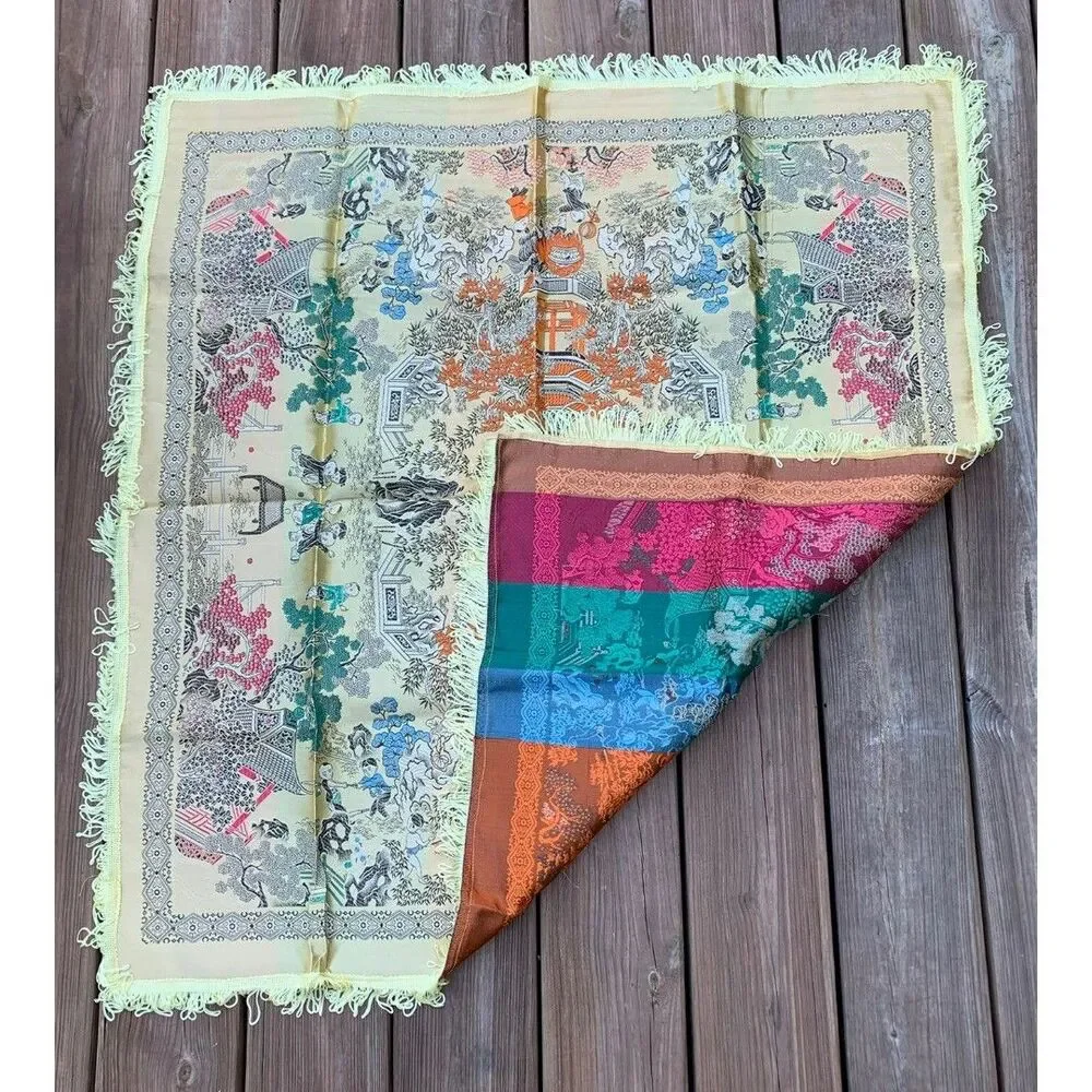 Vintage Asian Oriental Silk Brocade Reverse Image Weave Gold Table 39” X 36”